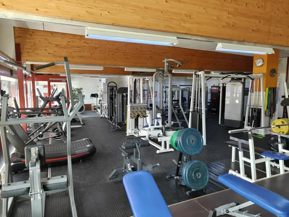 The gym floor: machines, a blue bench and colourful weight plates in the foreground