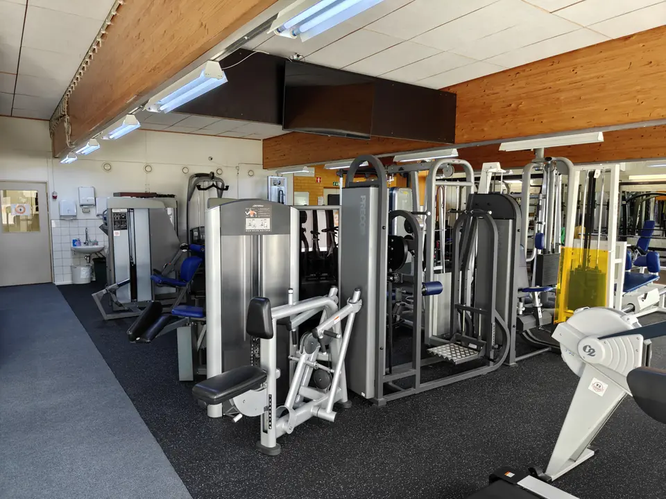 Wide view of the machine area: a row of weight stack machines under a wood-panel ceiling
