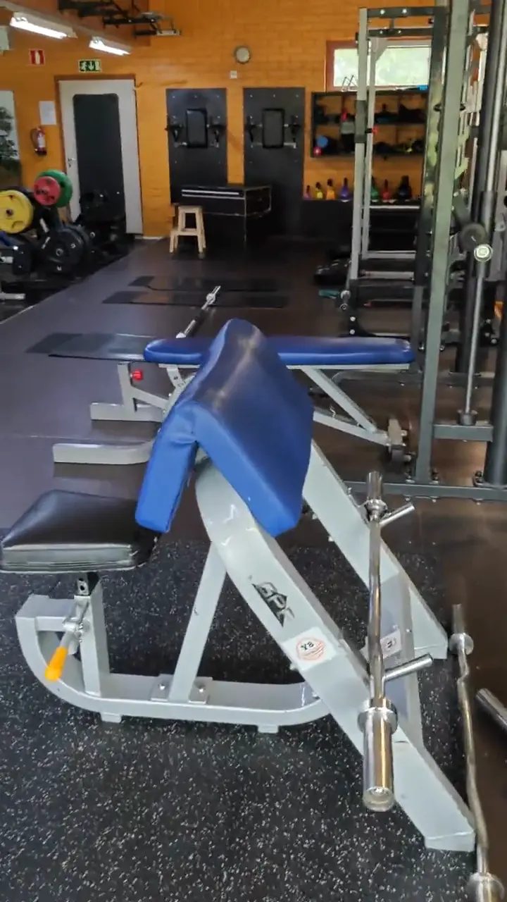 Walk around the gym floor: benches, racks and weight plates
