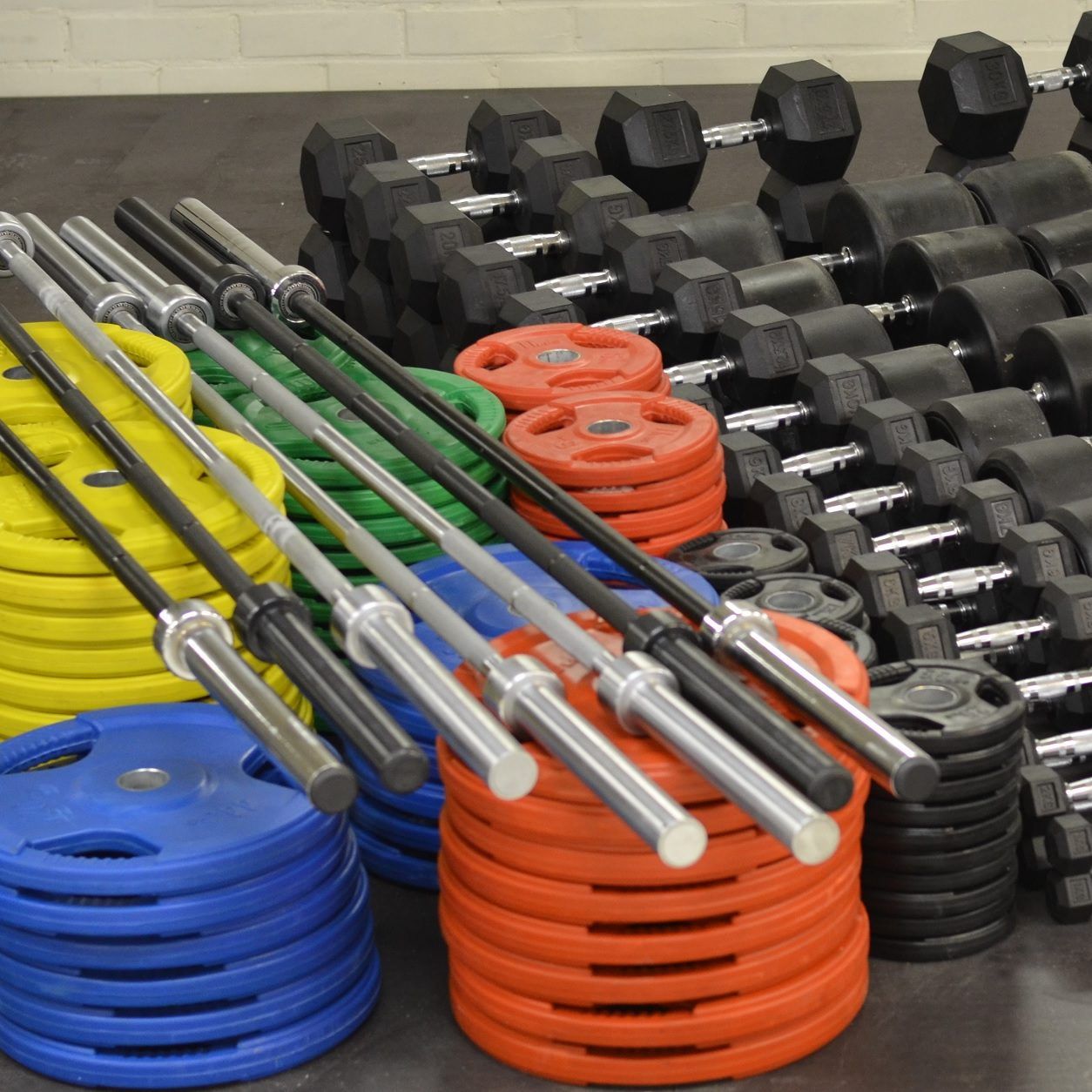 Barbells, weight plates and dumbbells in Nostelema’s free weights area