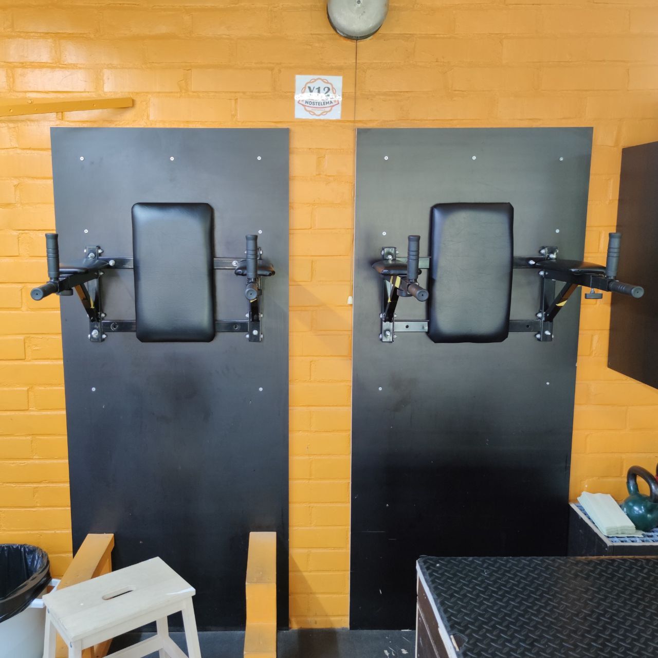 Two wall-mounted stations with a back support and handles for leg raises and dips
