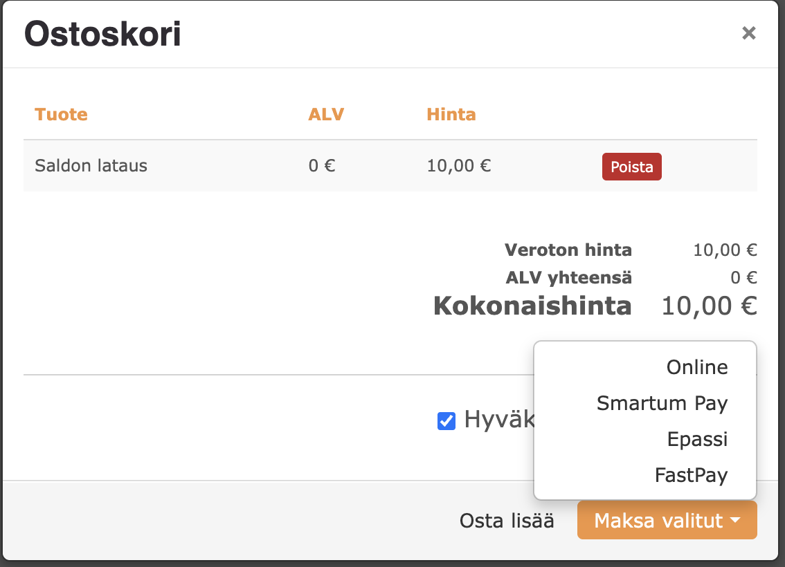 Nosteleman verkkokaupan ostoskori: Saldon lataus ja Maksa valitut -maksutapavalikko, jossa vaihtoehdot Online, Smartum Pay, Epassi ja FastPay.